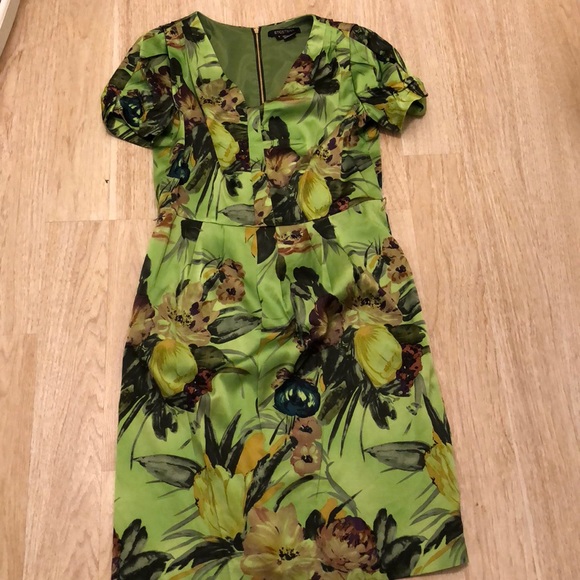 green silk floral dress